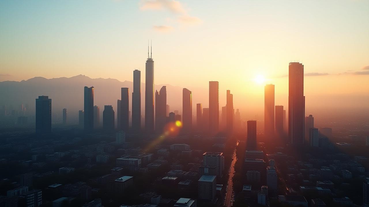 Панорама Алматы на закате с современными зданиями и горами